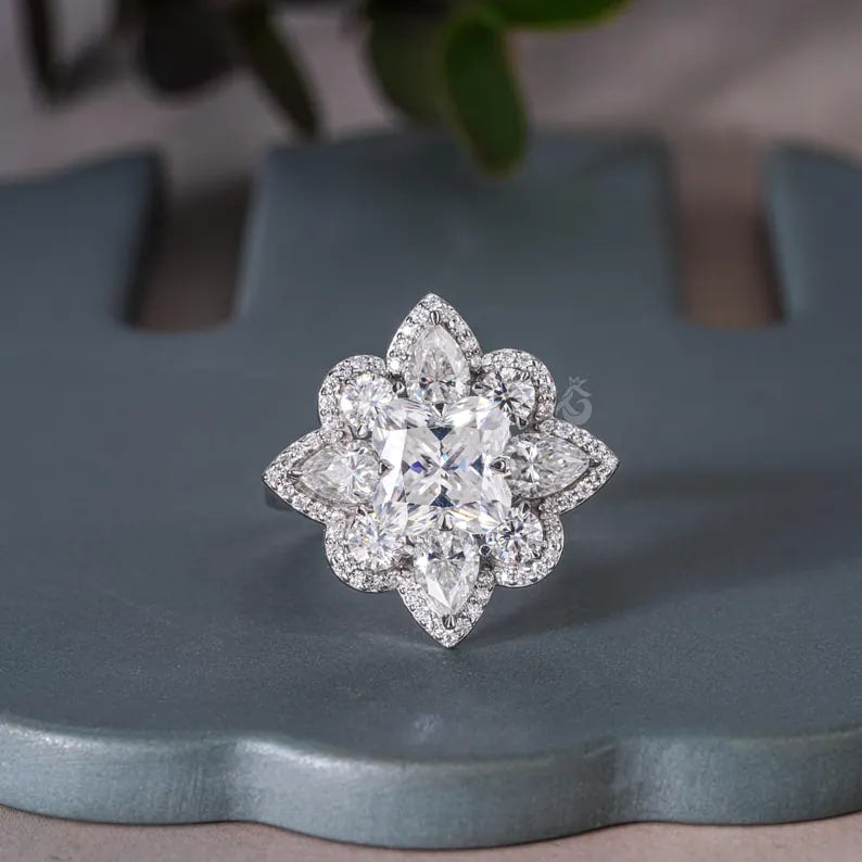 3.30 TCW Flower Cut Moissanite Ring, Pear Halo, Vintage Style
