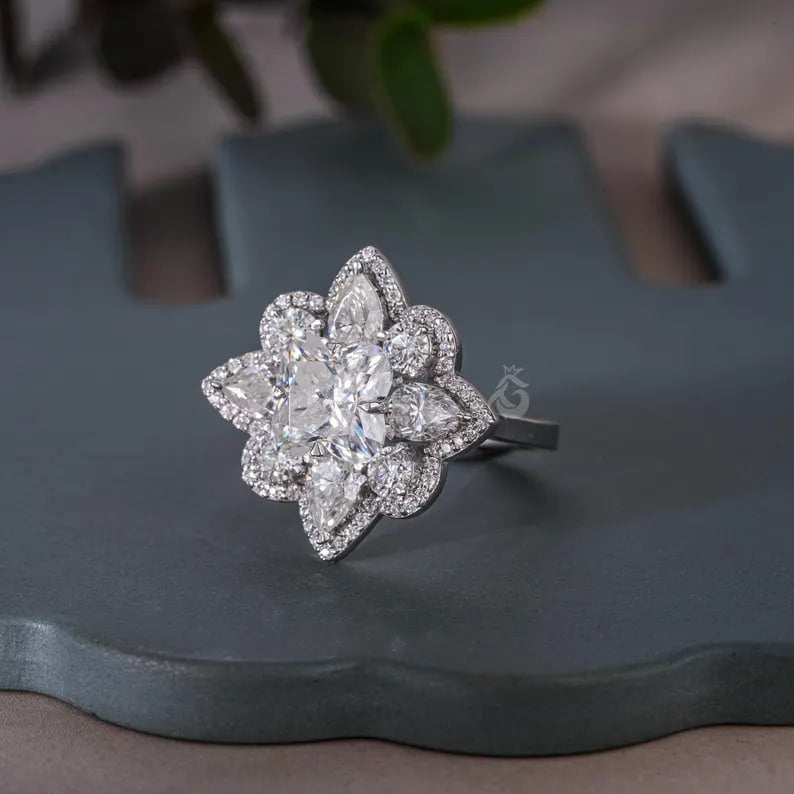 3.30 TCW Flower Cut Moissanite Ring, Pear Halo, Vintage Style
