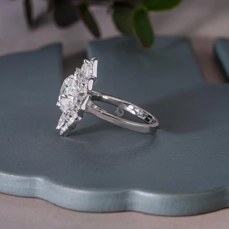 3.30 TCW Flower Cut Moissanite Ring, Pear Halo, Vintage Style