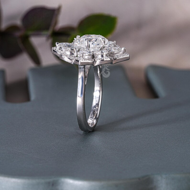 3.30 TCW Flower Cut Moissanite Ring, Pear Halo, Vintage Style