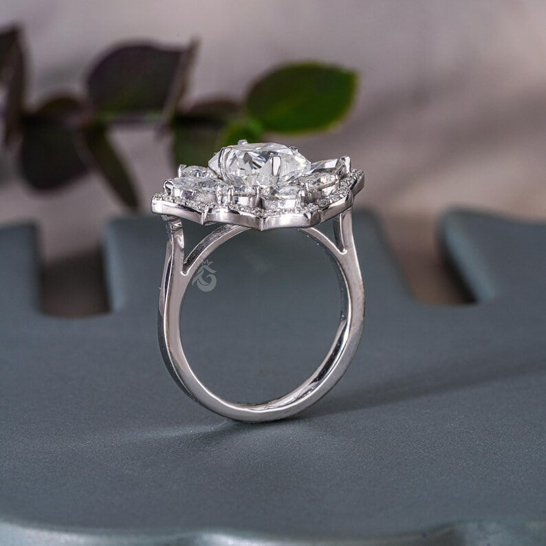 3.30 TCW Flower Cut Moissanite Ring, Pear Halo, Vintage Style