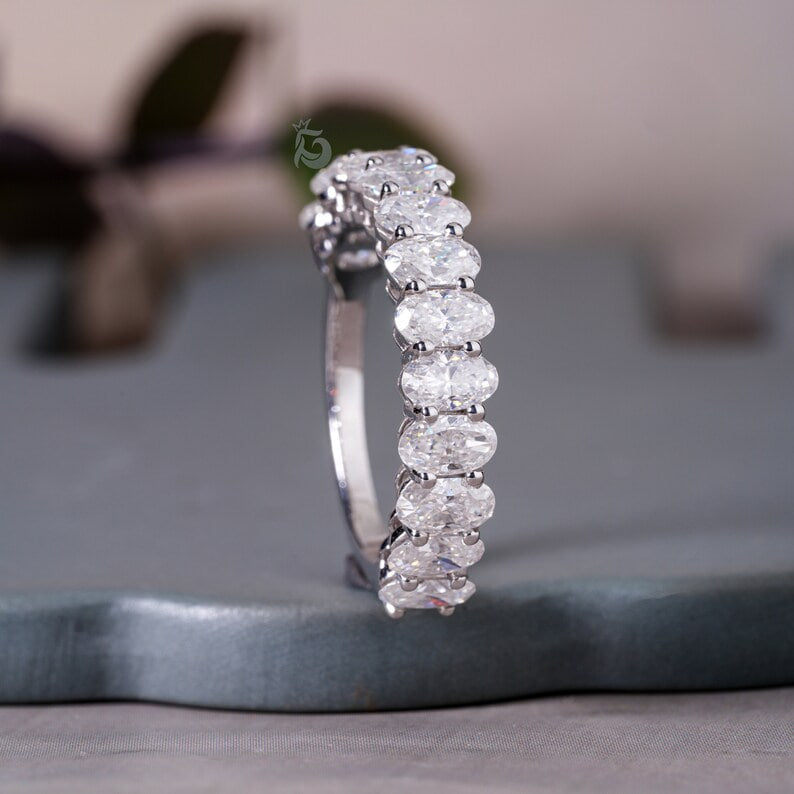 5x3MM Oval Moissanite Band, 10K White Gold Half Eternity Wedding Ring
