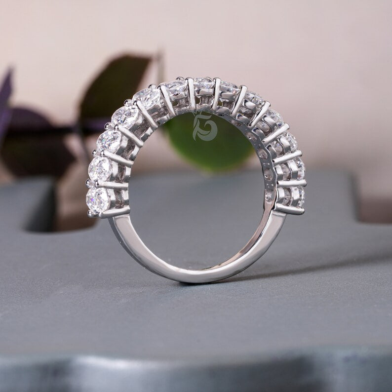 5x3MM Oval Moissanite Band, 10K White Gold Half Eternity Wedding Ring