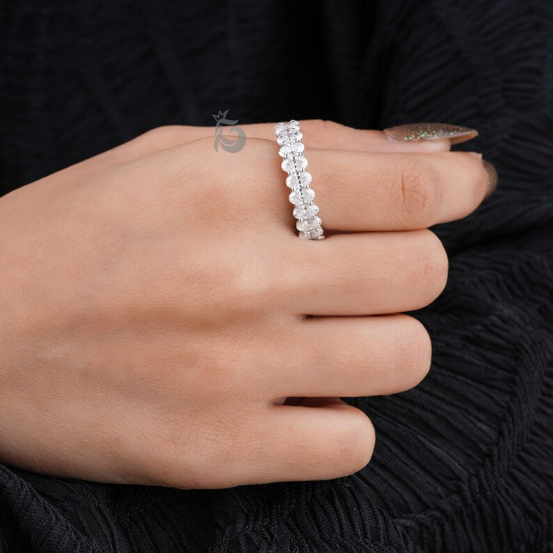 5x3MM Oval Moissanite Band, 10K White Gold Half Eternity Wedding Ring