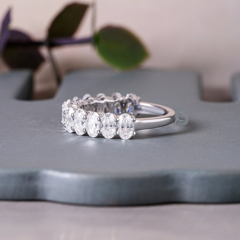 5x3MM Oval Moissanite Band, 10K White Gold Half Eternity Wedding Ring
