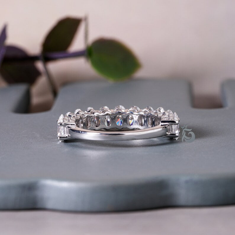 5x3MM Oval Moissanite Band, 10K White Gold Half Eternity Wedding Ring