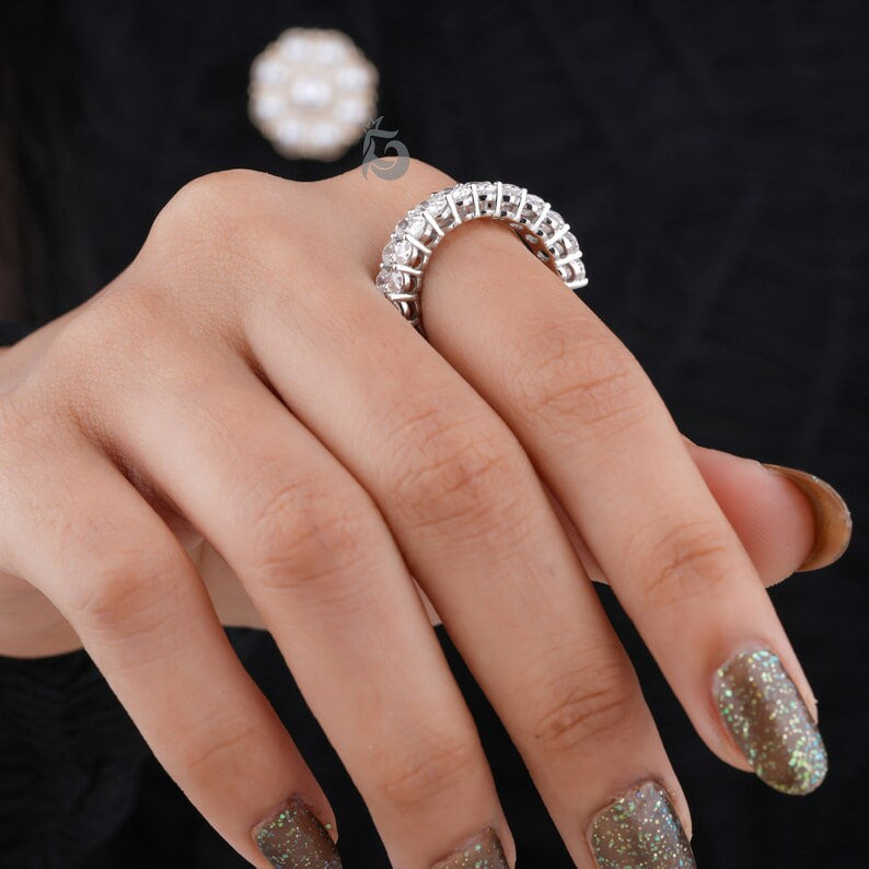 5x3MM Oval Moissanite Band, 10K White Gold Half Eternity Wedding Ring