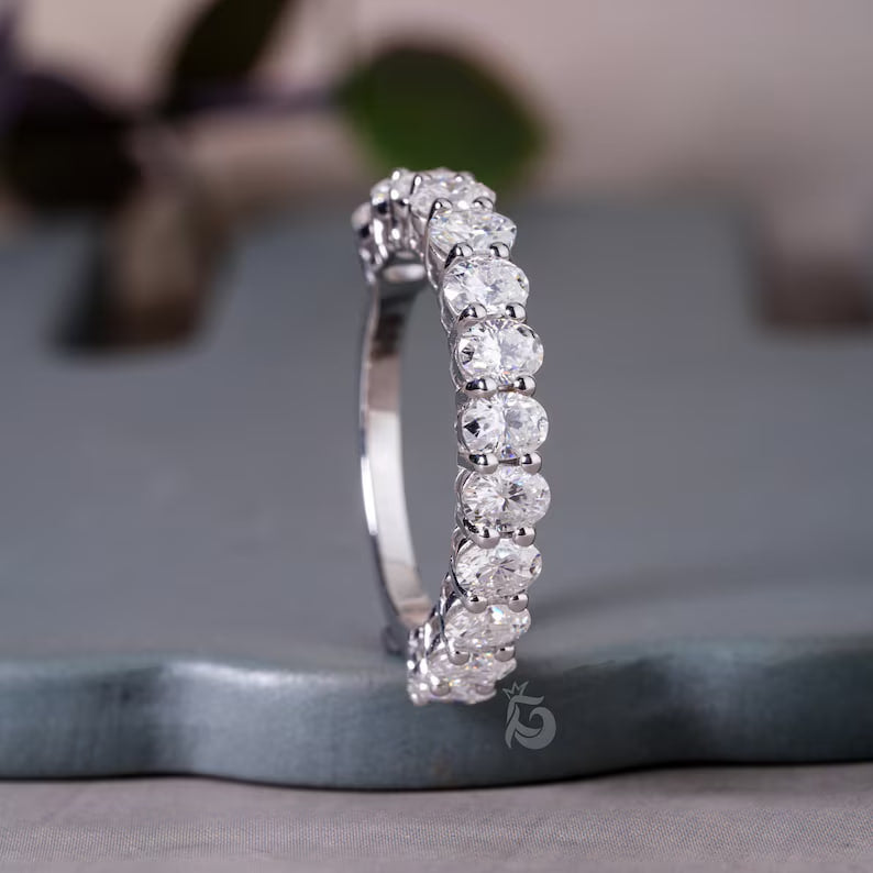 4x3MM Oval Moissanite Wedding Band, White Gold Half Eternity Ring