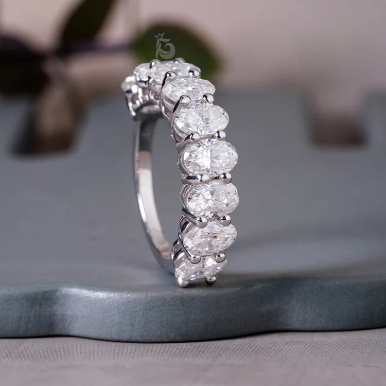6x4MM Oval Moissanite Eternity Band, 14K Gold Stackable Ring in White or Rose Gold