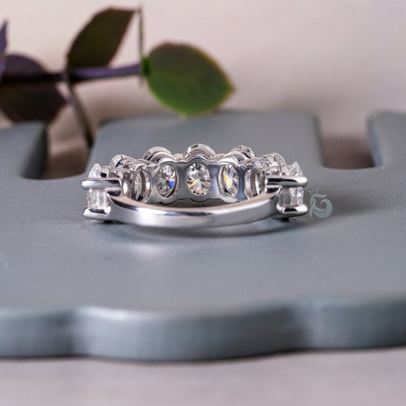 4.65TCW 7x5MM Oval Moissanite Wedding Band, 14K White Gold Half Eternity Ring