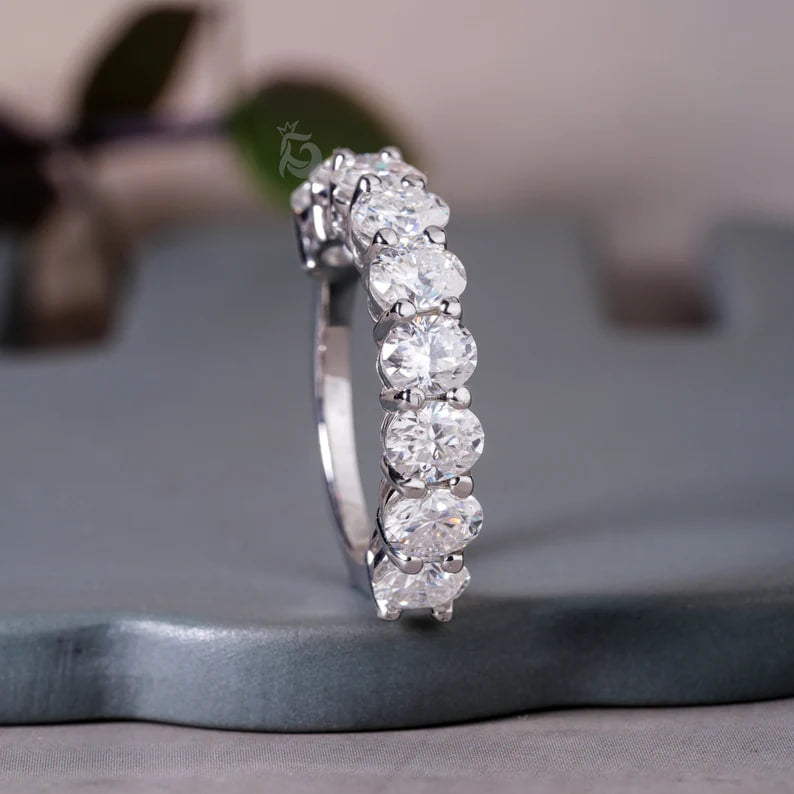 5x4MM Oval Moissanite Half Eternity Band, Stackable Wedding Ring for Her