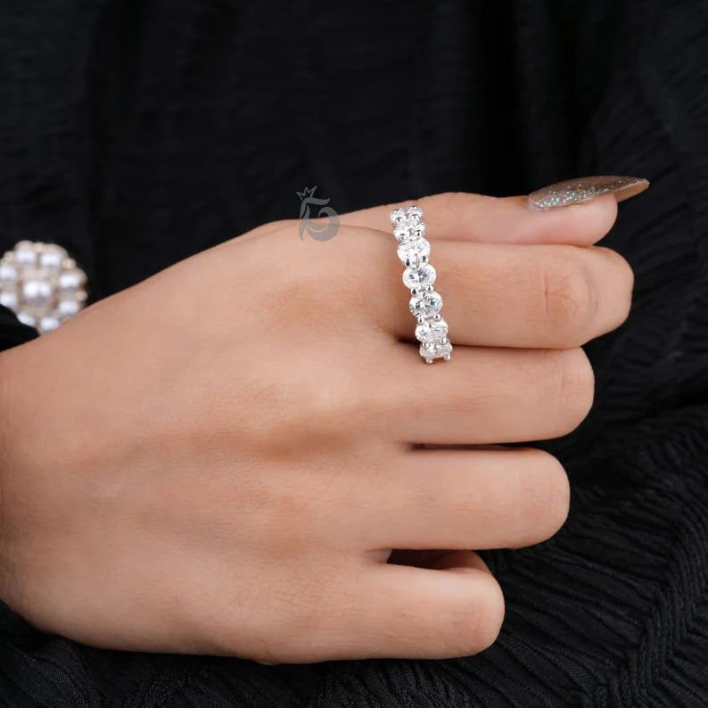 5x4MM Oval Moissanite Half Eternity Band, Stackable Wedding Ring for Her