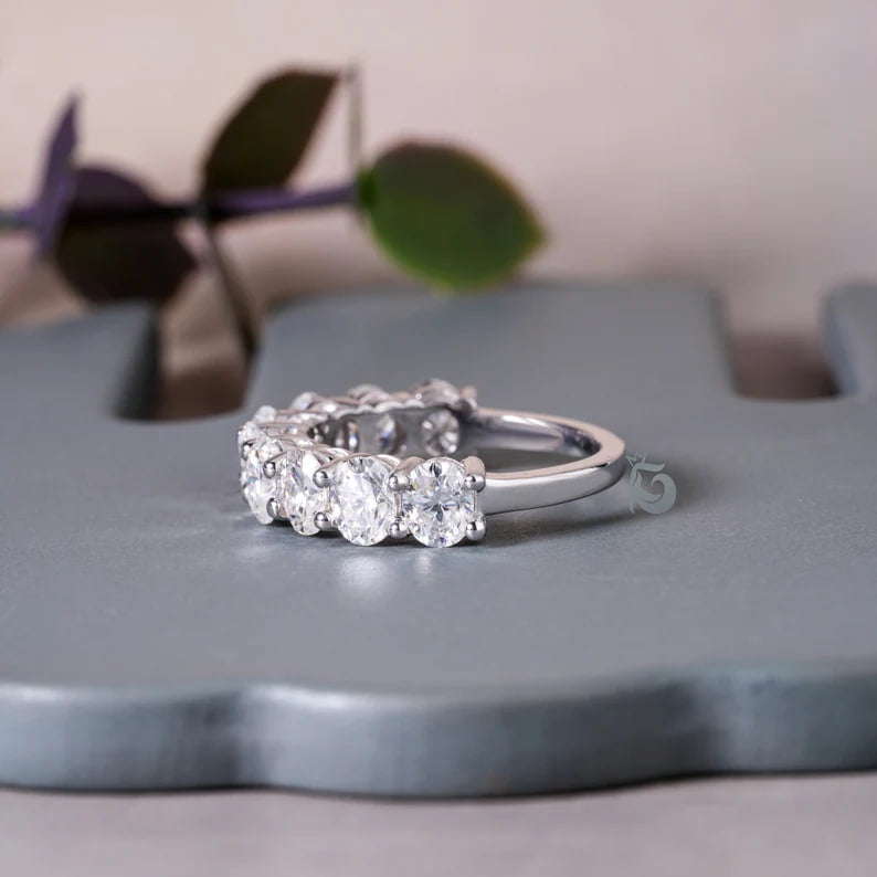5x4MM Oval Moissanite Half Eternity Band, Stackable Wedding Ring for Her