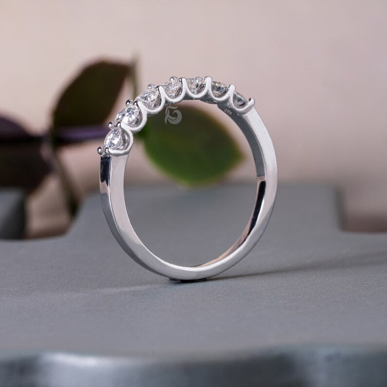 2.8MM 7 Stone Moissanite Band, U-Prong Wedding Ring in 10K/14K White Gold