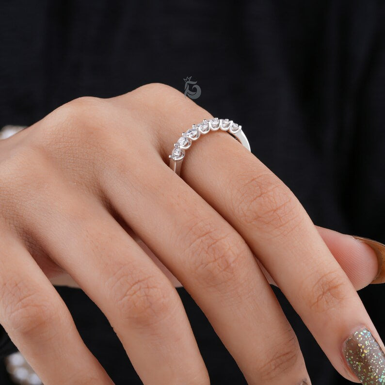 2.8MM 7 Stone Moissanite Band, U-Prong Wedding Ring in 10K/14K White Gold