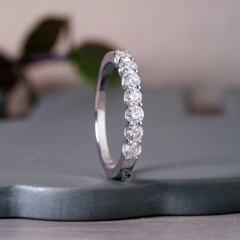 2.8MM 7 Stone Moissanite Band, U-Prong Wedding Ring in 10K/14K White Gold