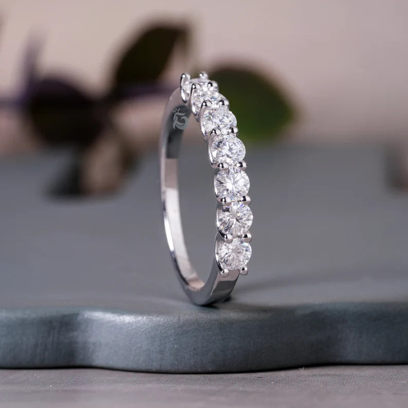 3.30MM Round Moissanite Seven Stone Band, 18K White Gold U Prong Ring