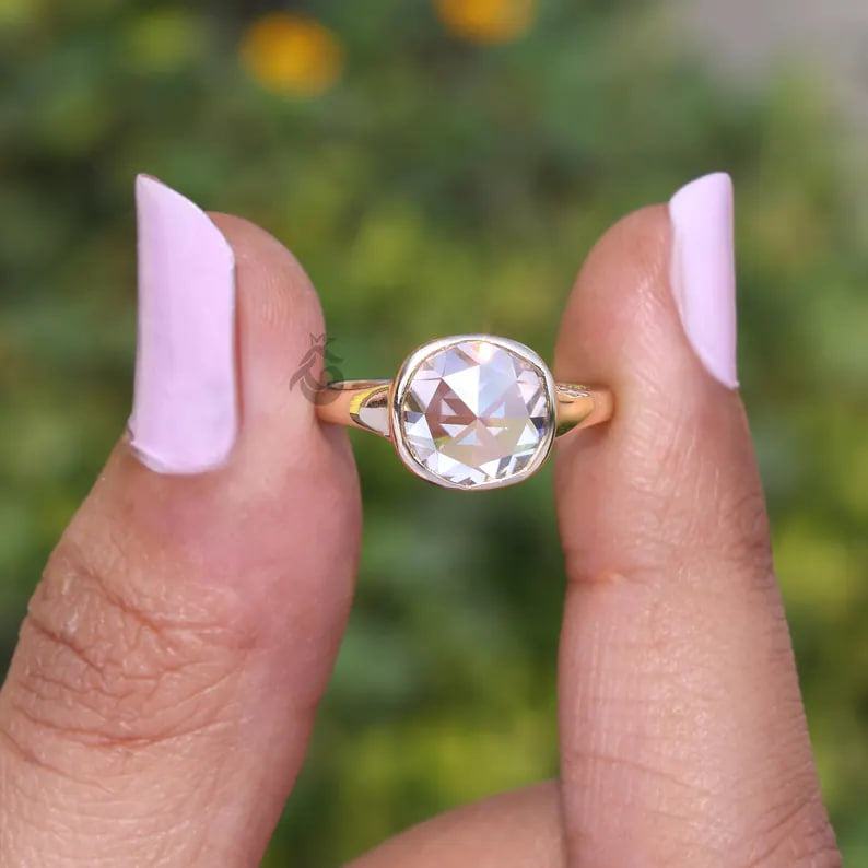 Bezel Set Cushion Rose Cut Moissanite Ring, 10K Gold Solitaire Engagement Ring