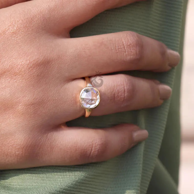 Bezel Set Cushion Rose Cut Moissanite Ring, 10K Gold Solitaire Engagement Ring