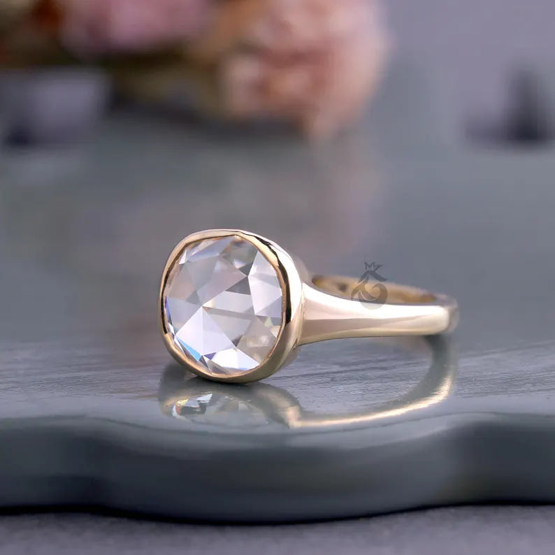 Bezel Set Cushion Rose Cut Moissanite Ring, 10K Gold Solitaire Engagement Ring