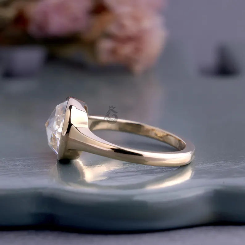 Bezel Set Cushion Rose Cut Moissanite Ring, 10K Gold Solitaire Engagement Ring