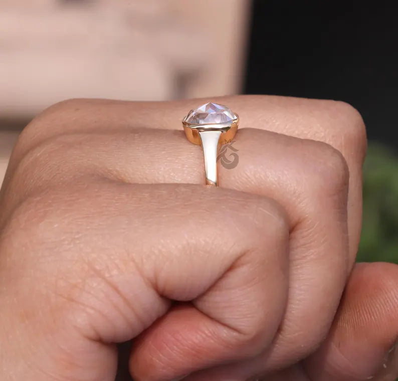 Bezel Set Cushion Rose Cut Moissanite Ring, 10K Gold Solitaire Engagement Ring