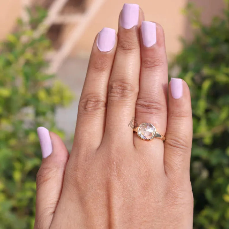 Bezel Set Cushion Rose Cut Moissanite Ring, 10K Gold Solitaire Engagement Ring