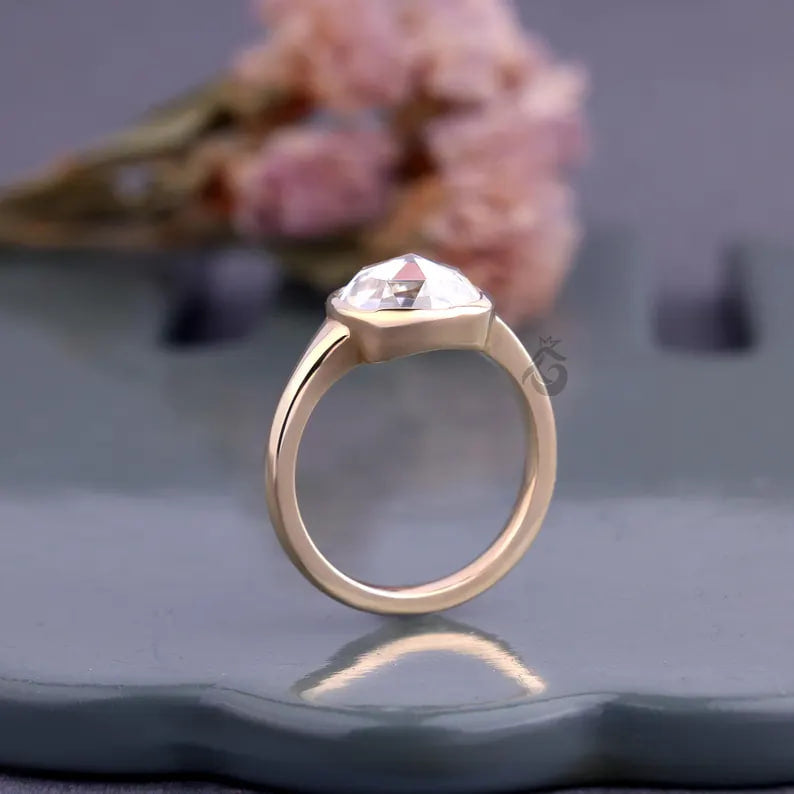 Bezel Set Cushion Rose Cut Moissanite Ring, 10K Gold Solitaire Engagement Ring
