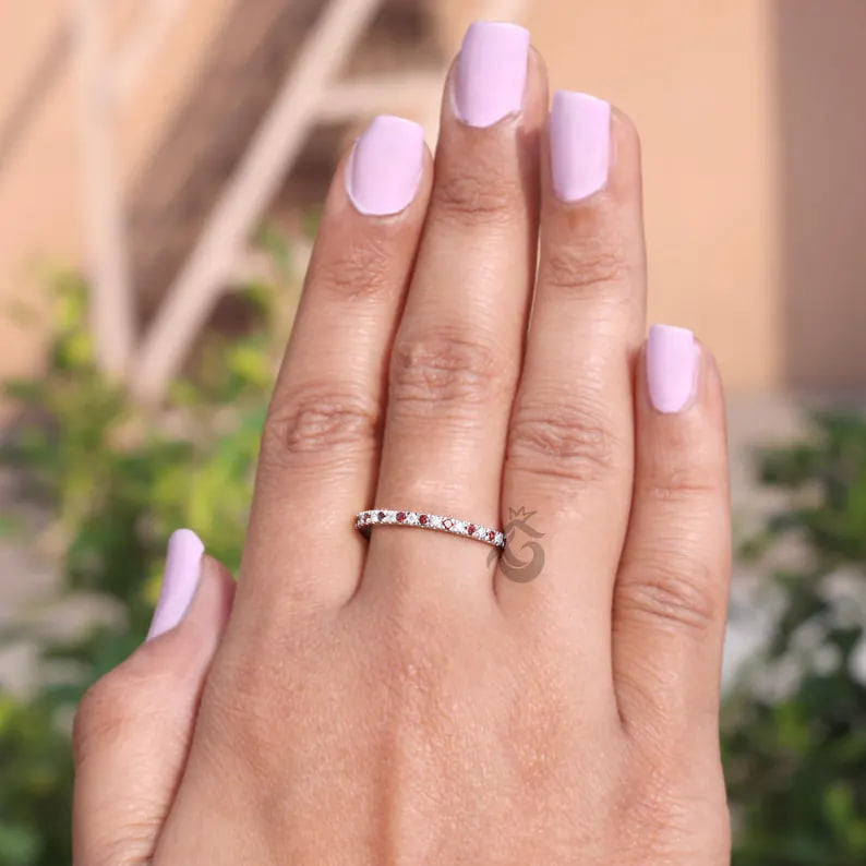 Ruby and Moissanite Full Eternity Band, July Birthstone Stackable Wedding Ring