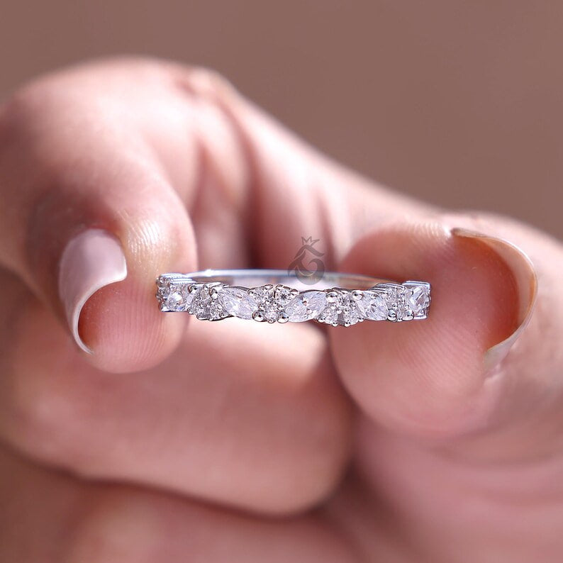 Vintage Marquise and Round Lab Grown Diamond Half Eternity Band
