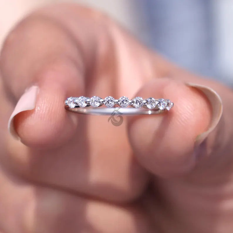 2MM Round Lab Grown Diamond Half Eternity Wedding Band, Floating Bubble Stackable Ring