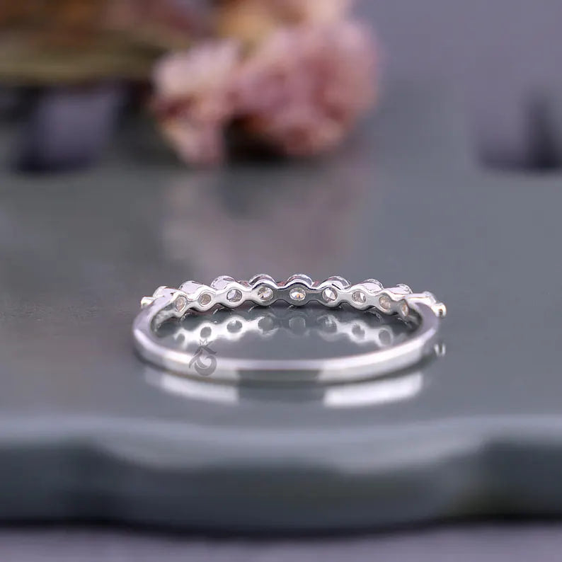 2MM Round Lab Grown Diamond Half Eternity Wedding Band, Floating Bubble Stackable Ring