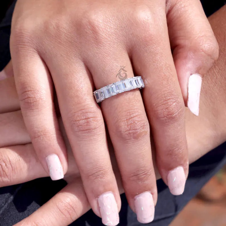 7x5 MM Emerald Cut Moissanite Eternity Band, 14K White Gold Prong Set Wedding Ring