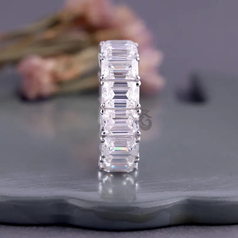 7x5 MM Emerald Cut Moissanite Eternity Band, 14K White Gold Prong Set Wedding Ring
