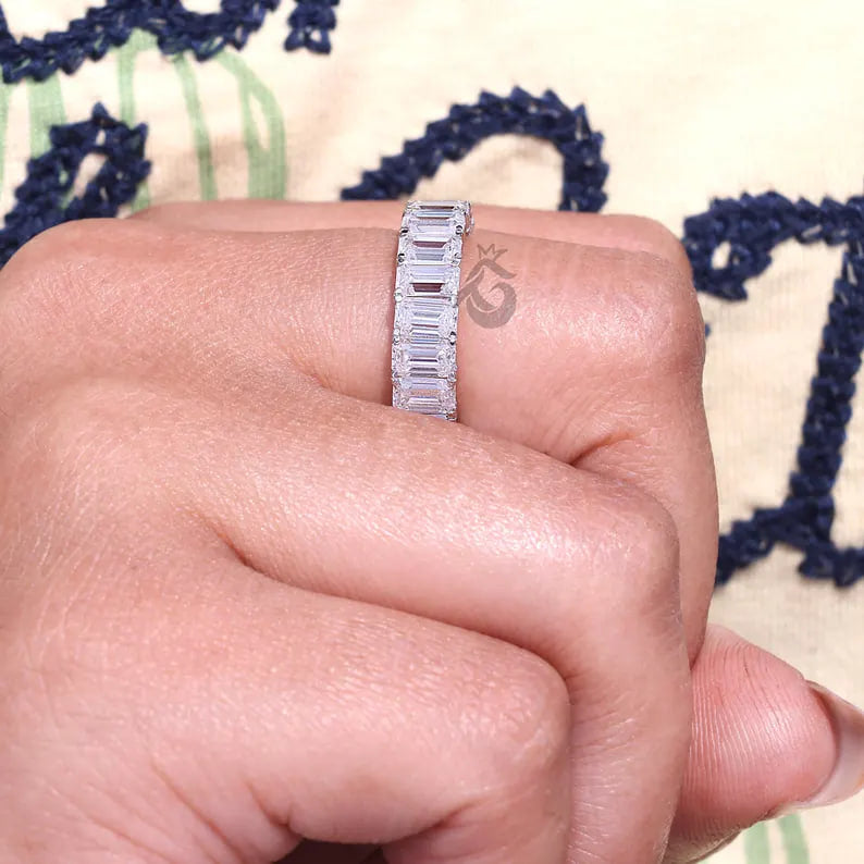 7x5 MM Emerald Cut Moissanite Eternity Band, 14K White Gold Prong Set Wedding Ring