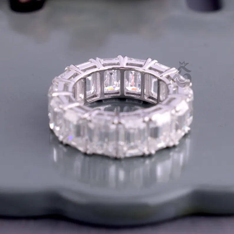 7x5 MM Emerald Cut Moissanite Eternity Band, 14K White Gold Prong Set Wedding Ring