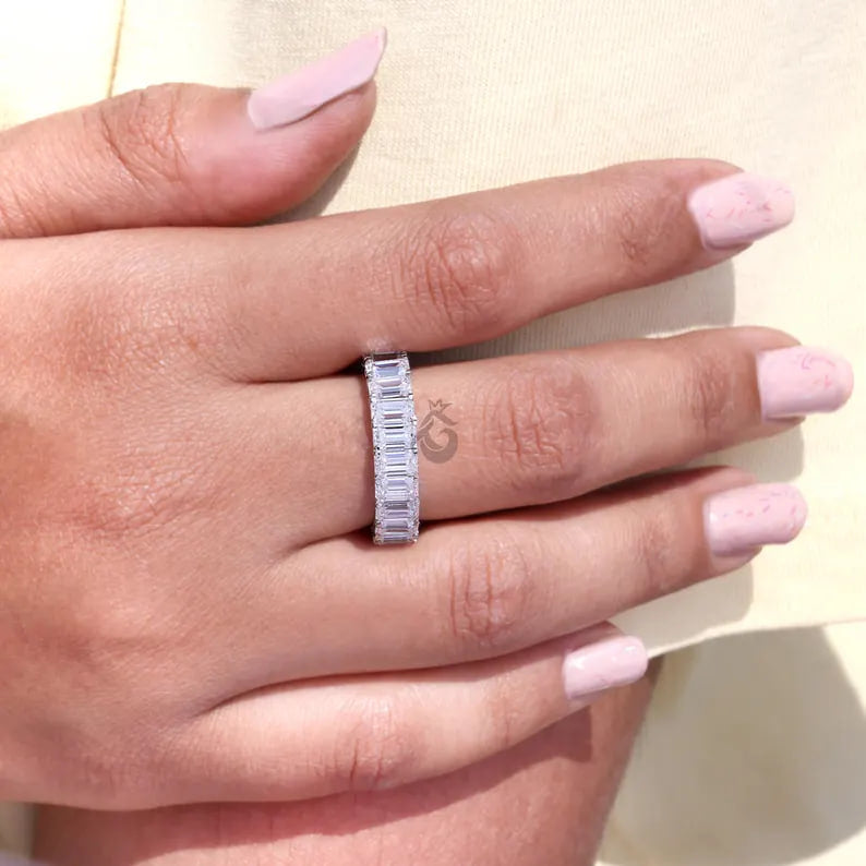 7x5 MM Emerald Cut Moissanite Eternity Band, 14K White Gold Prong Set Wedding Ring