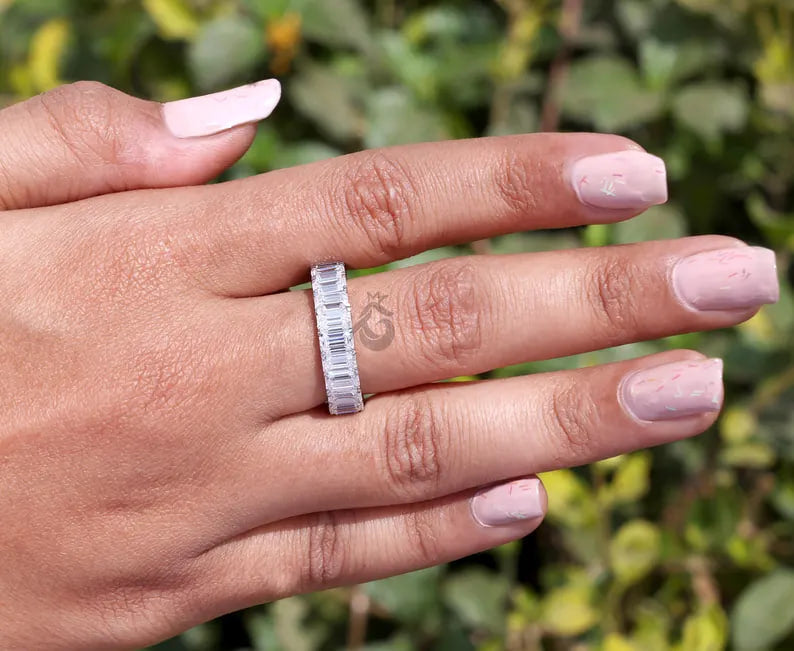 7x5 MM Emerald Cut Moissanite Eternity Band, 14K White Gold Prong Set Wedding Ring
