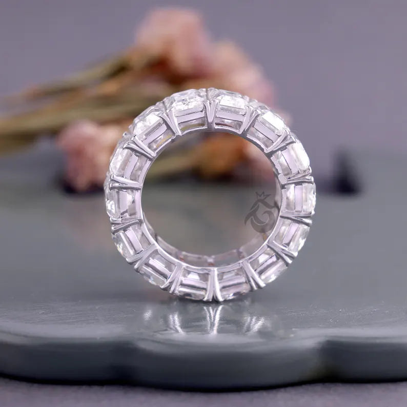 7x5 MM Emerald Cut Moissanite Eternity Band, 14K White Gold Prong Set Wedding Ring