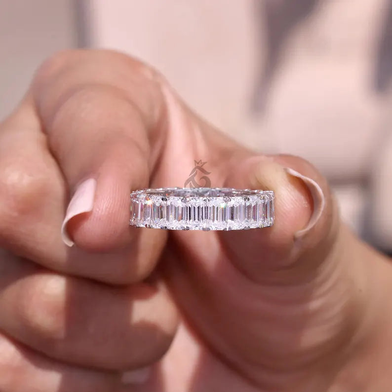 7x5 MM Emerald Cut Moissanite Eternity Band, 14K White Gold Prong Set Wedding Ring
