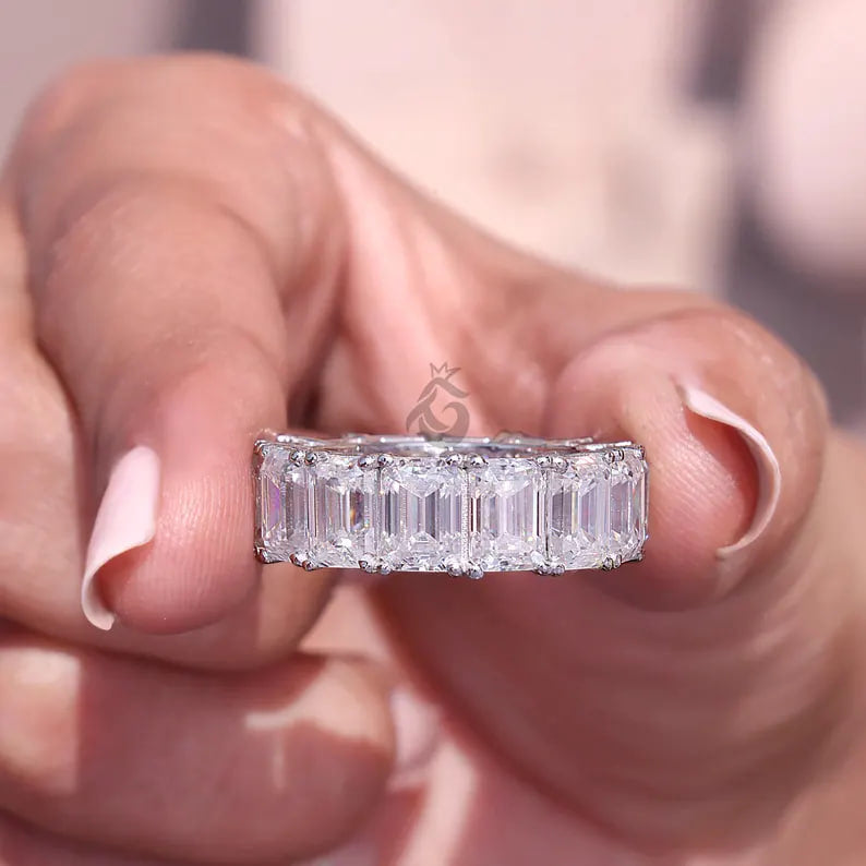 5x3 MM Emerald Cut Moissanite Eternity Band, 14K White Gold Prong Set Wedding Ring