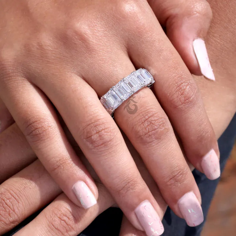 5x3 MM Emerald Cut Moissanite Eternity Band, 14K White Gold Prong Set Wedding Ring