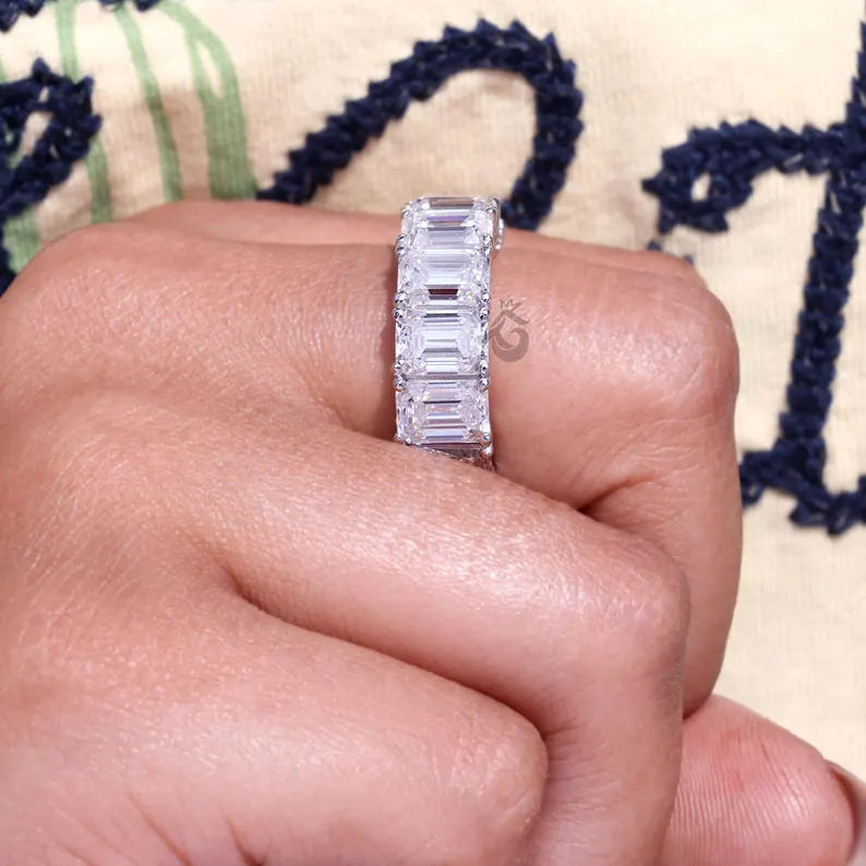 5x3 MM Emerald Cut Moissanite Eternity Band, 14K White Gold Prong Set Wedding Ring