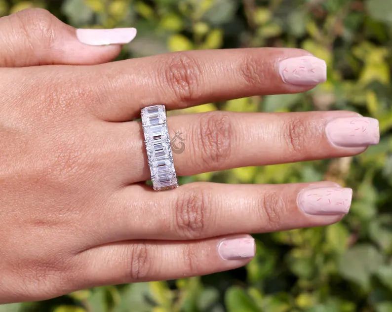 5x3 MM Emerald Cut Moissanite Eternity Band, 14K White Gold Prong Set Wedding Ring
