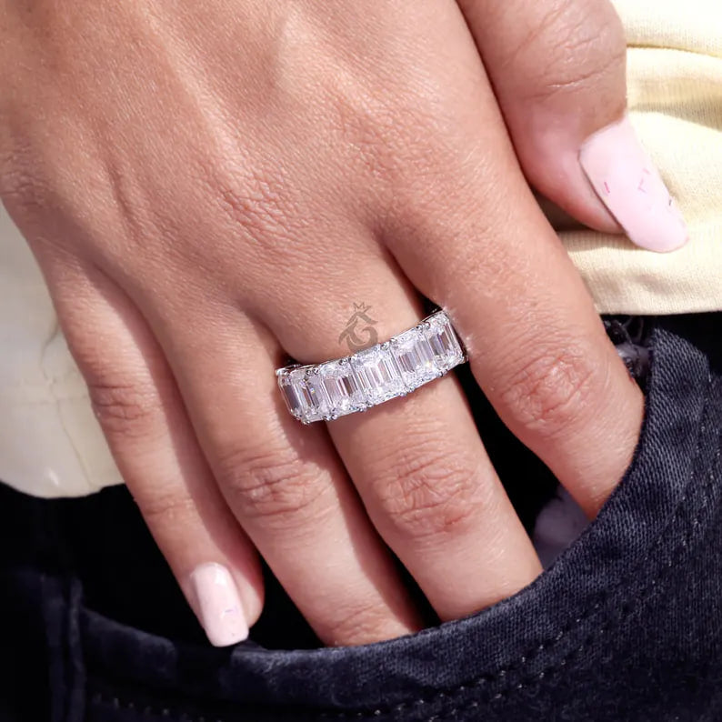 5x3 MM Emerald Cut Moissanite Eternity Band, 14K White Gold Prong Set Wedding Ring