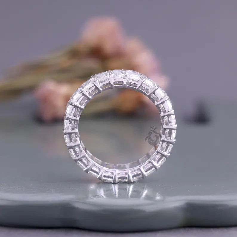 5x3 MM Emerald Cut Moissanite Eternity Band, 14K White Gold Prong Set Wedding Ring