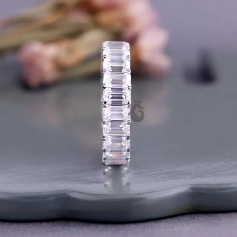 5x3 MM Emerald Cut Moissanite Eternity Band, 14K White Gold Prong Set Wedding Ring