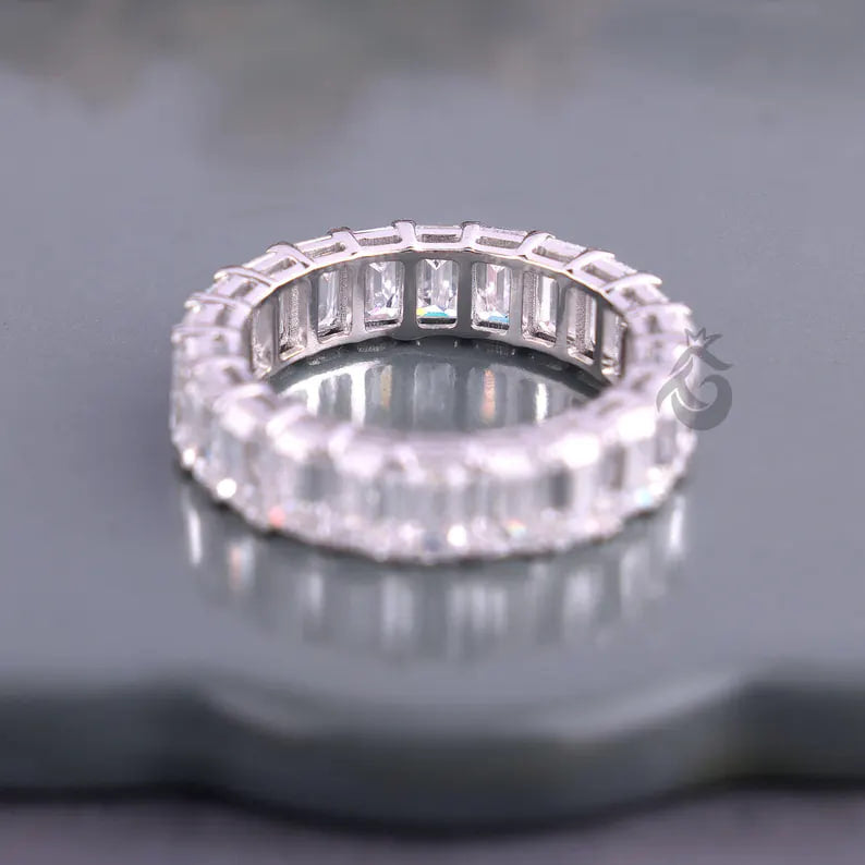 5x3 MM Emerald Cut Moissanite Eternity Band, 14K White Gold Prong Set Wedding Ring