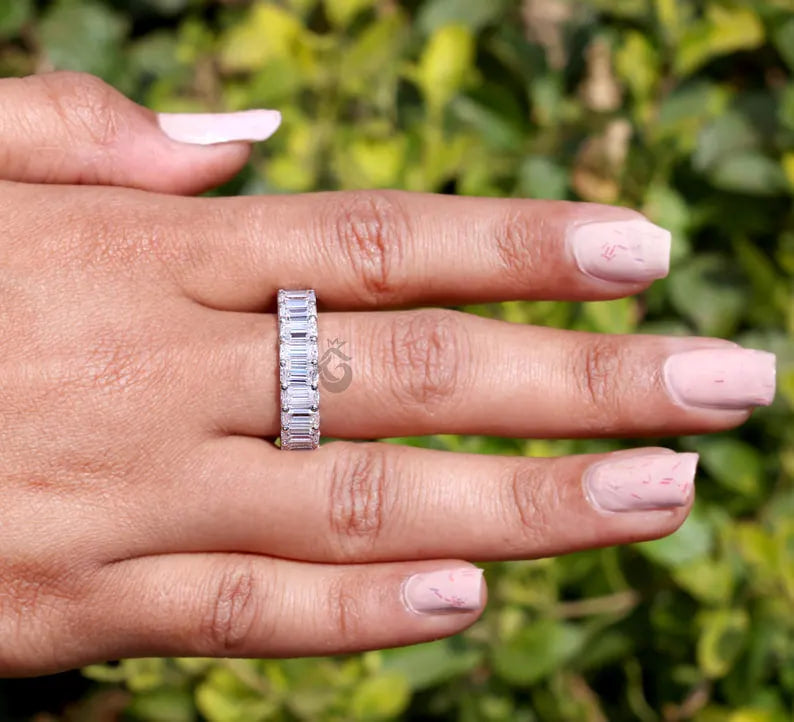 5x3 MM Emerald Cut Moissanite Full Eternity Band, U-Prong Wedding Ring, Stackable Matching Band