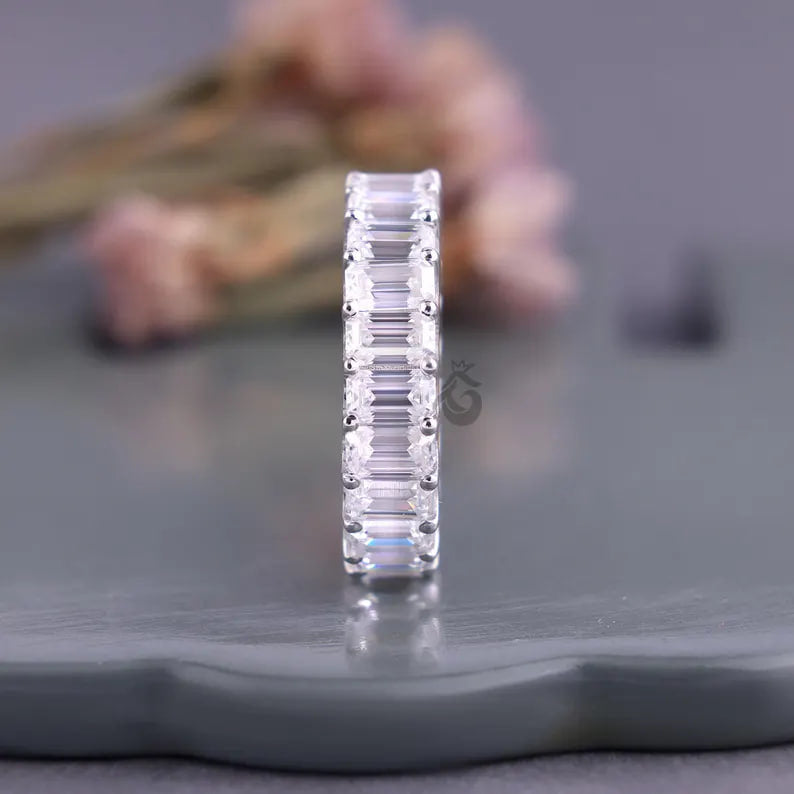 5x3 MM Emerald Cut Moissanite Full Eternity Band, U-Prong Wedding Ring, Stackable Matching Band